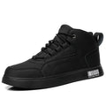 Men's white mid-top lace-up casual shoes with a round toe and rubber sole on a neutral background.