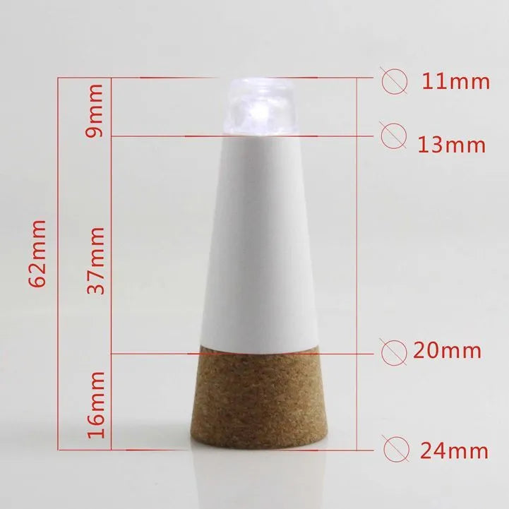 White plastic rechargeable LED bottle cap light with 15 LEDs, shown with battery box, measuring 30mm by 73mm.