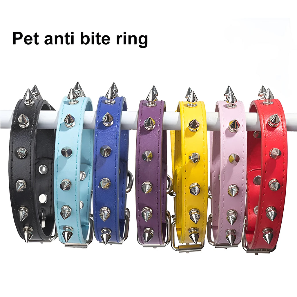 Studded PU leather dog collar in black with metal decorations and an alloy buckle.
