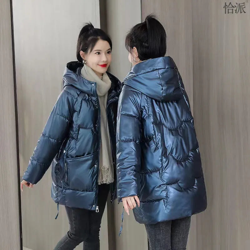 Women's loose thick hooded winter jacket in black, shown on a model.