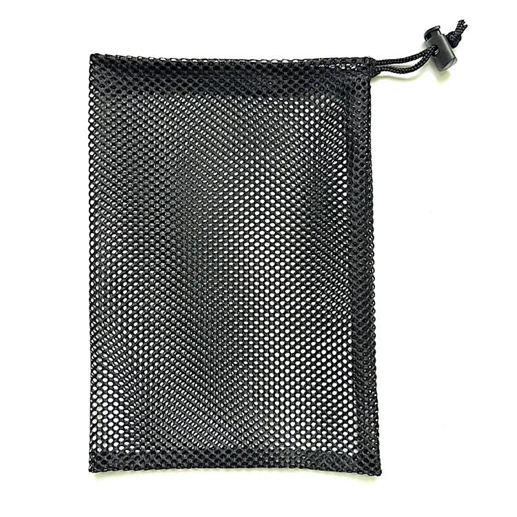 Black mesh drawstring storage bag for children's toys in three size options.