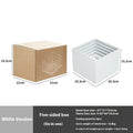 White plastic cube-style dessert display stand with six pieces for cupcakes and cakes.