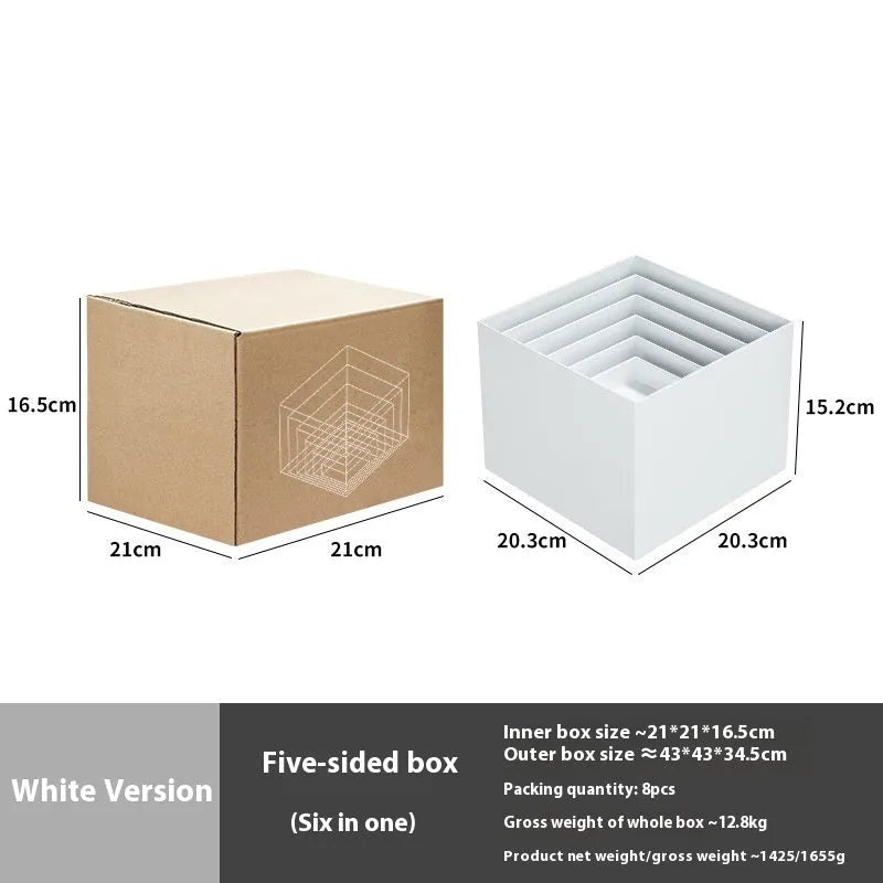White plastic cube-style dessert display stand with six pieces for cupcakes and cakes.