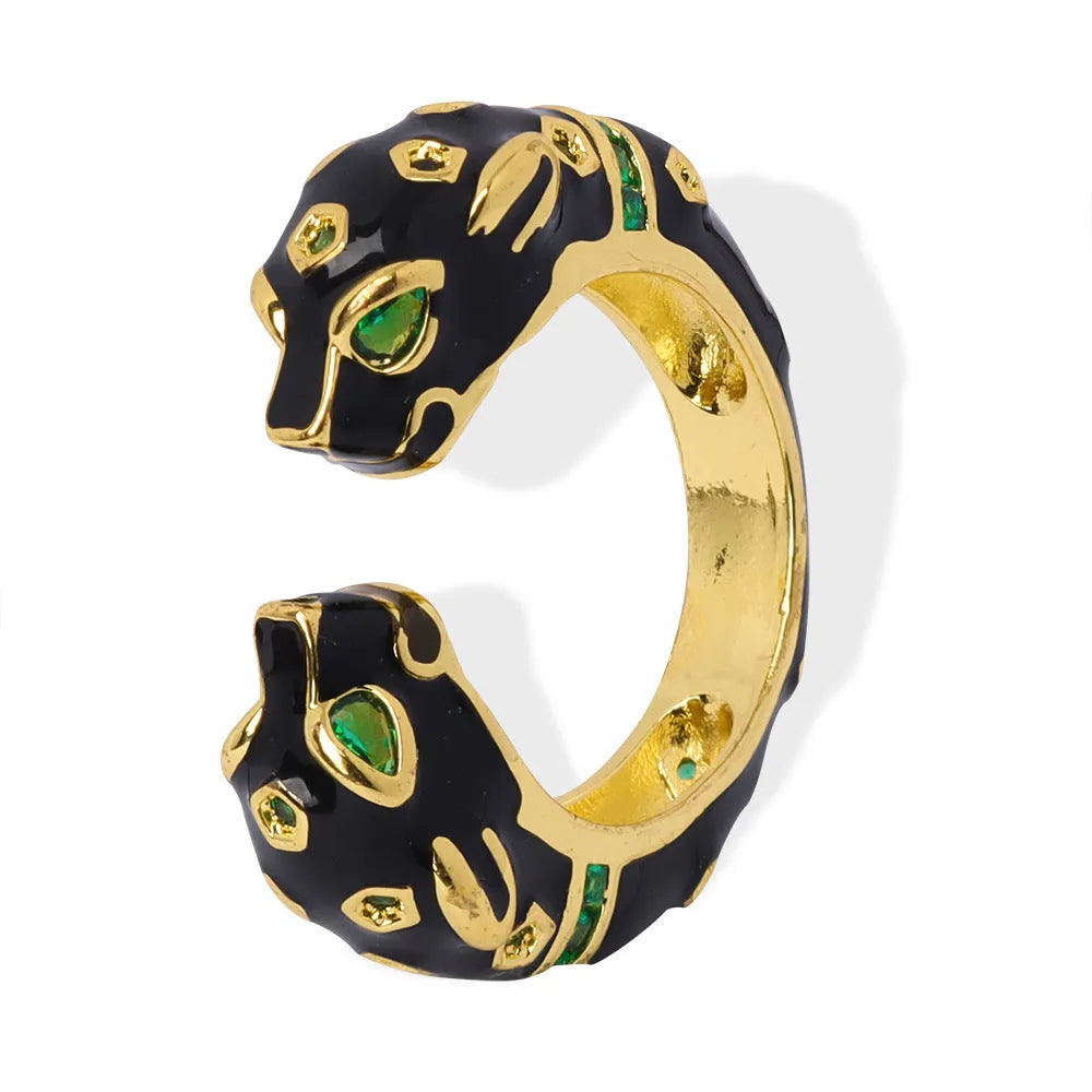 Geometric open copper ring for women with black cheetah print, size 7.