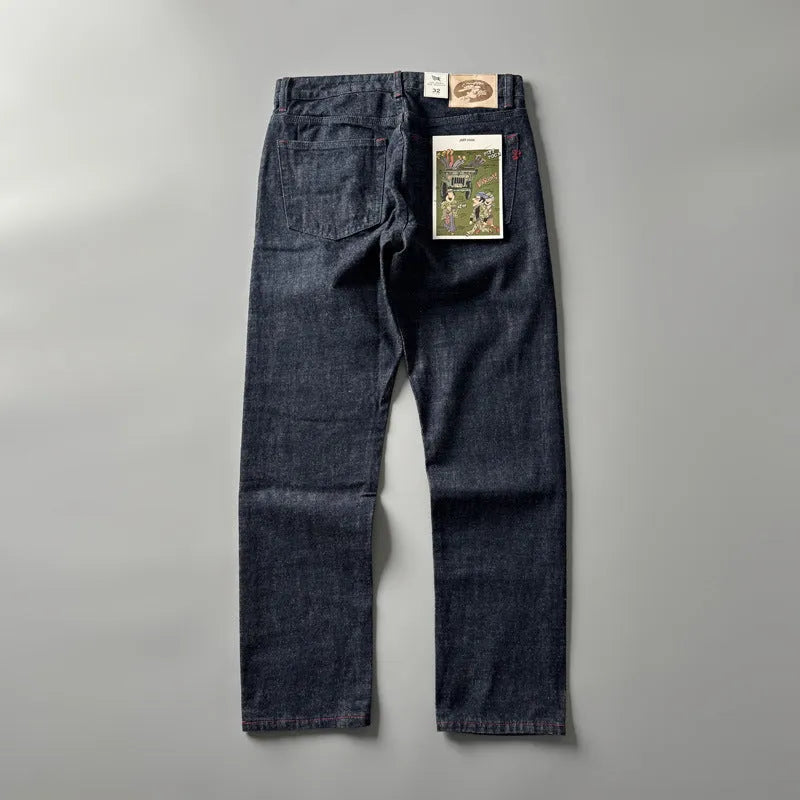 Men's straight-leg denim trousers in primary colour showing mid-waist design and traditional American retro styling
