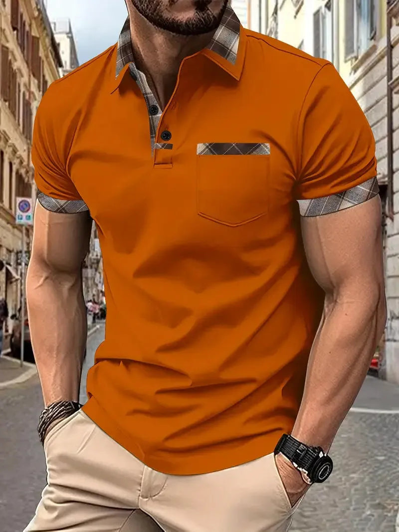 Men's plaid colourblock t-shirt with short sleeves and zipper decoration details