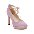 Women's solid colour platform stiletto heels with a pointed toe and special fabric upper.