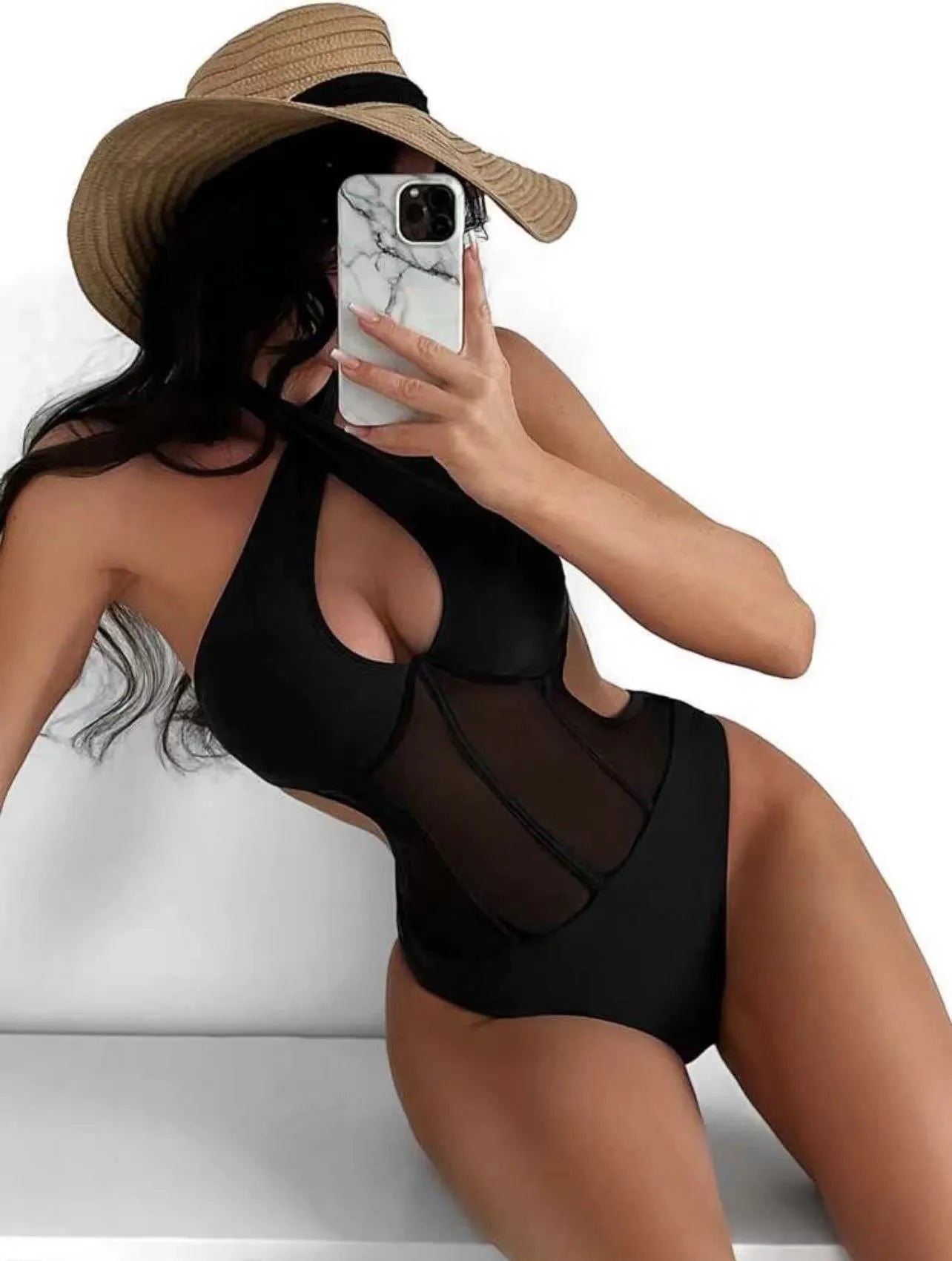 Ladies one-piece swimsuit bikini in nylon blend fabric, shown in black, rose red, and green colour options.