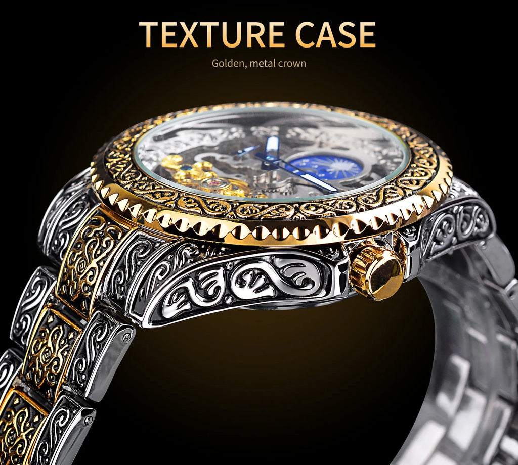 Yellow Forsining skeleton tourbillon mechanical watch with stainless steel band on wrist