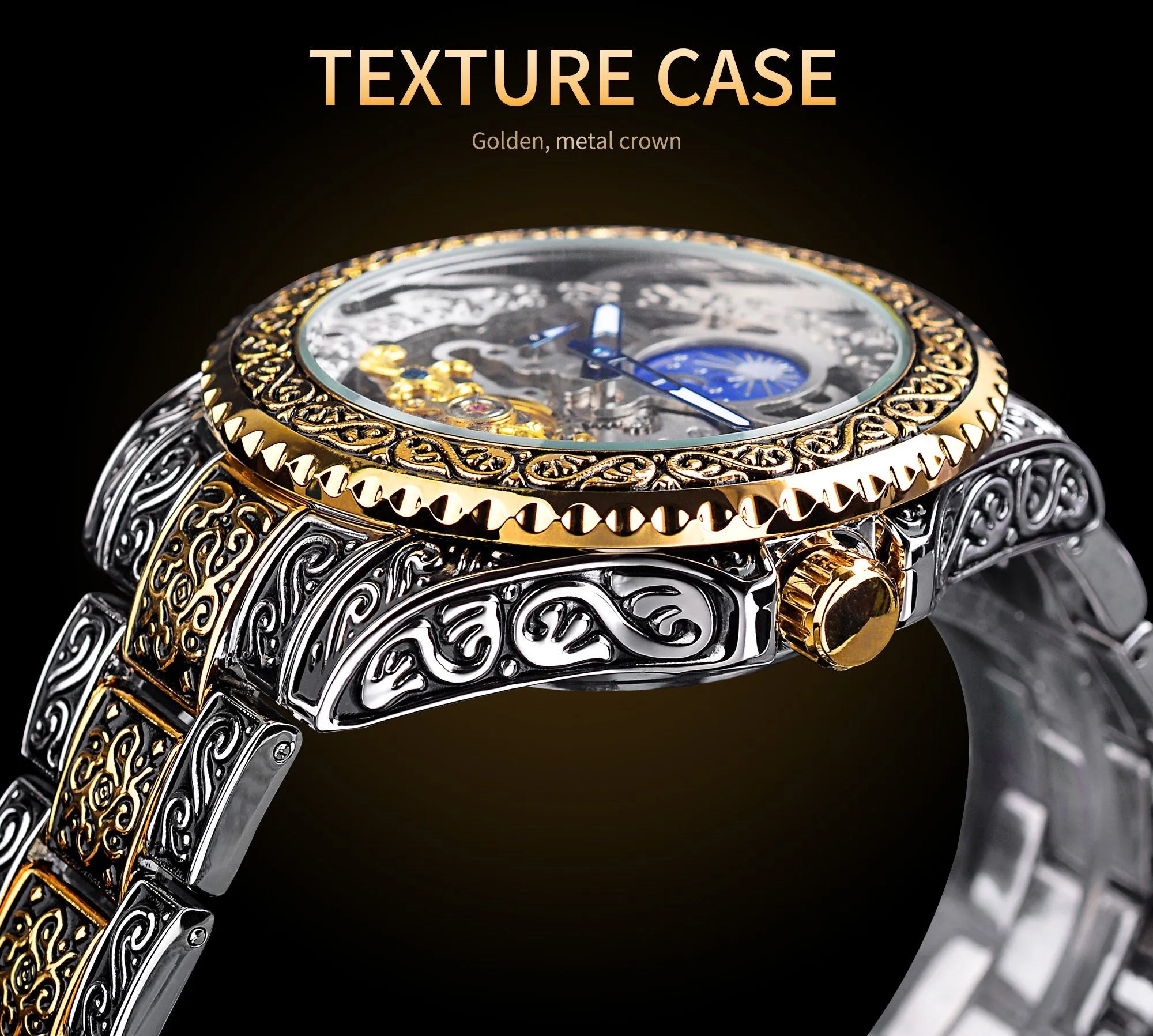 Yellow Forsining skeleton tourbillon mechanical watch with stainless steel band on wrist