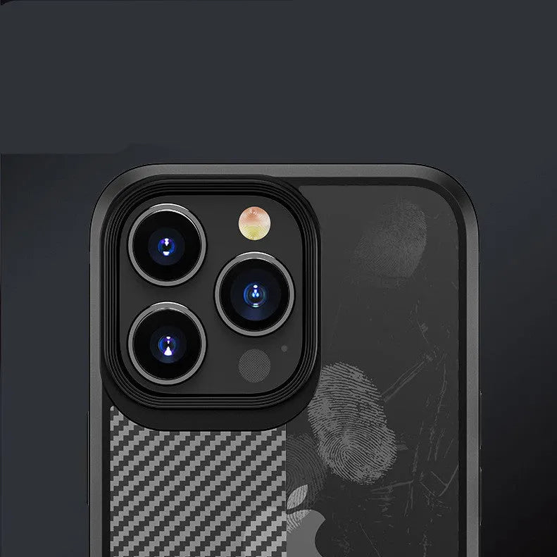 Black and blue iPhone 13 series protective phone cases with a carbon fibre pattern texture.