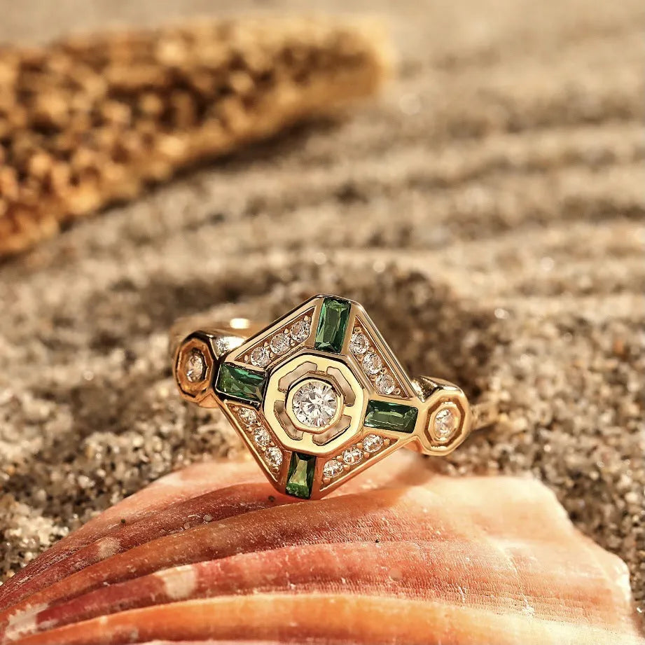 INS style women's emerald diamond ring with a square geometric design in Lvzuan colour.