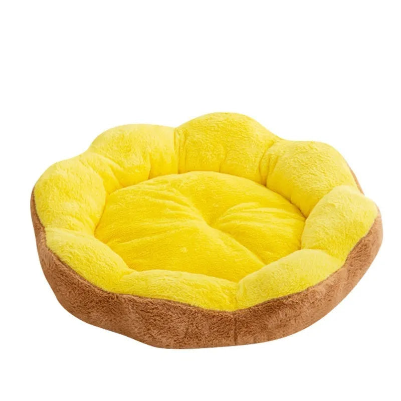Round rabbit plush cat bed with detachable design in yellow brown colour, shown in L size dimensions