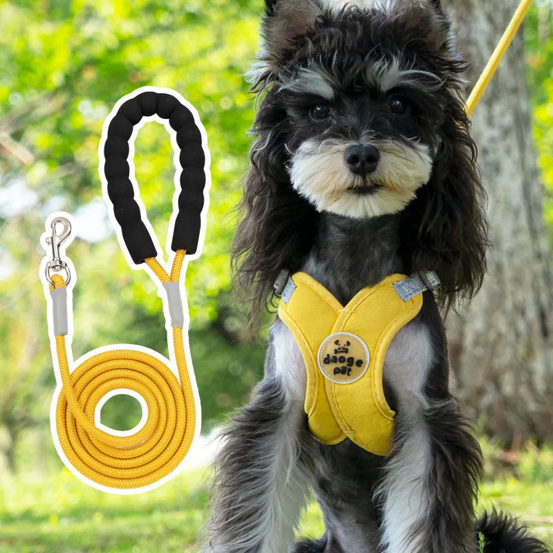 Polyester dog vest and matching hand holding rope in a choice of blue, green, pink, or yellow.