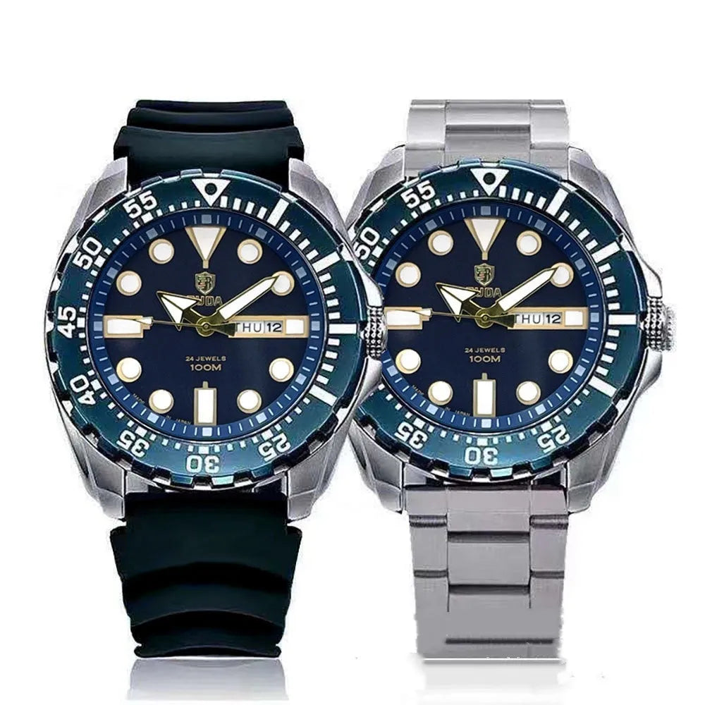 Men's waterproof quartz watch with luminous hands showing blue dial and steel bracelet option