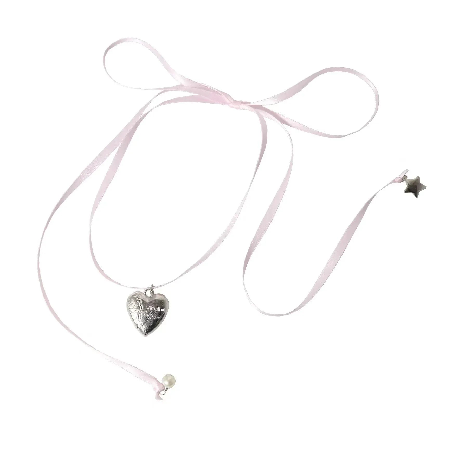 Women's ribbon pendant necklace with alloy chain and electroplated finish showing clavicle length