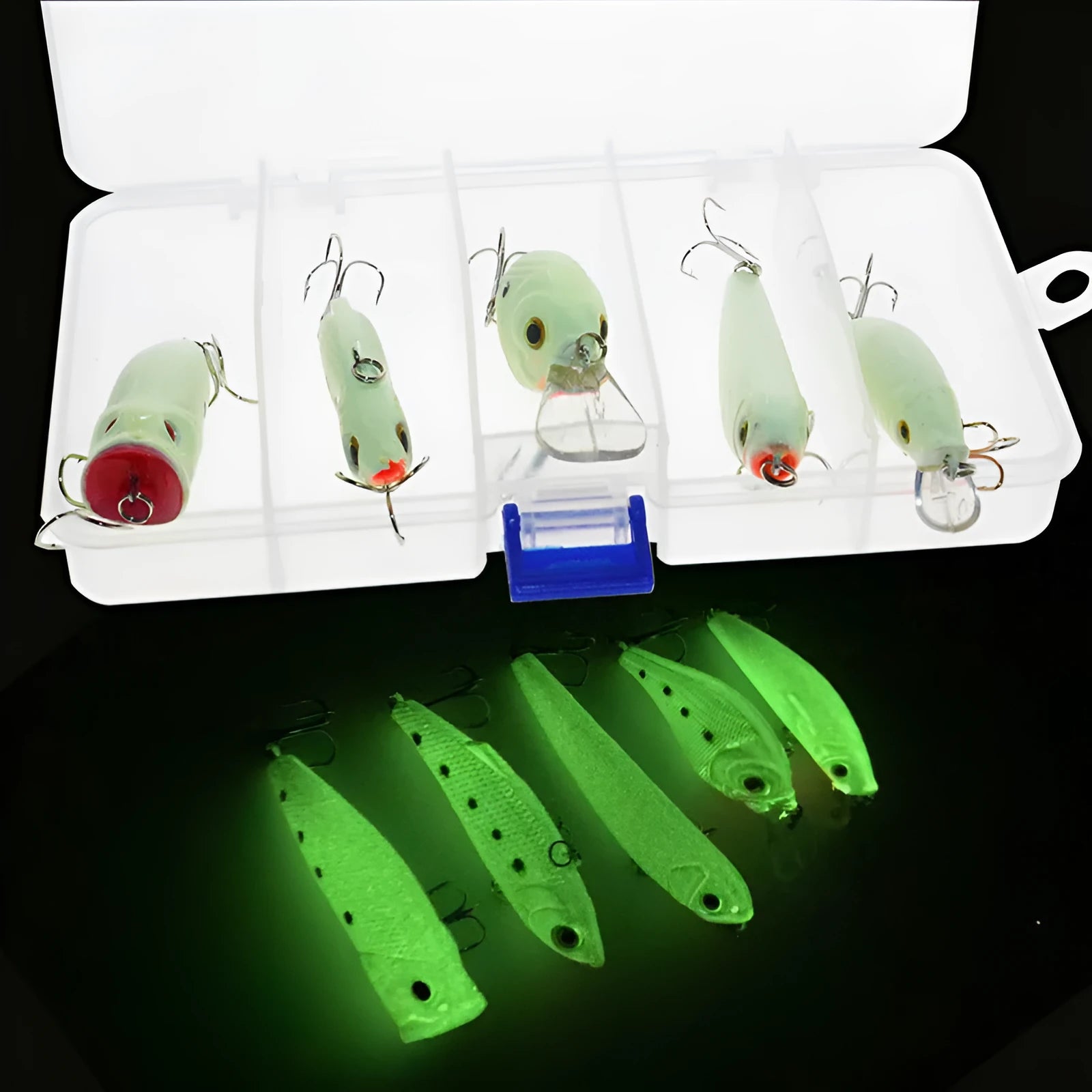 Set of 5 fluorescent simulation hard bait fishing lures with 3D submerged luminous design