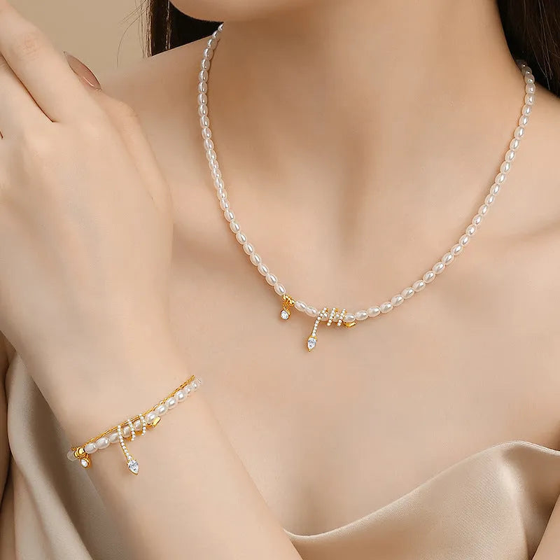 925 silver bracelet with geometric pearl snake design in electroplated gold tone