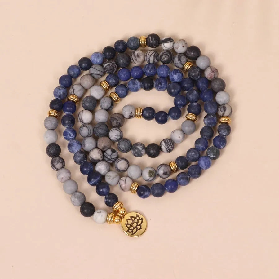 Blue patterned network stone bead multi-layer bracelet with natural alloy construction