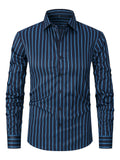 Men's slim fit striped long sleeve business shirt in polyester blend fabric on a hanger