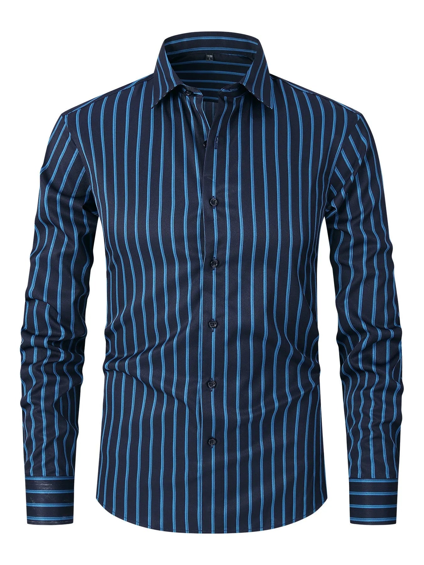 Men's slim fit striped long sleeve business shirt in polyester blend fabric on a hanger