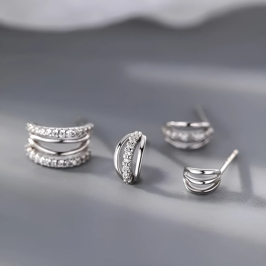 925 silver geometric earrings with silver needle posts in large, medium and small size options