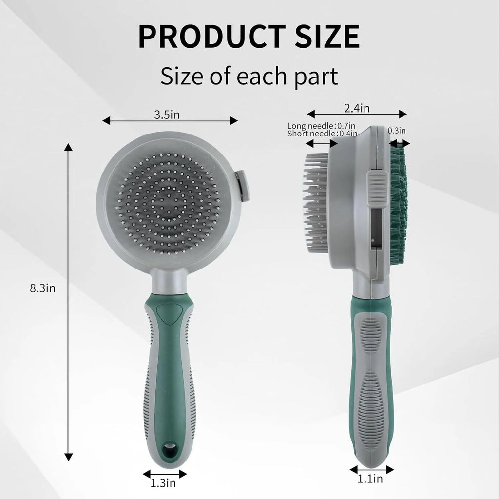 Green and pink 2-in-1 silicone pet grooming brush showing slicker brush side and massage side