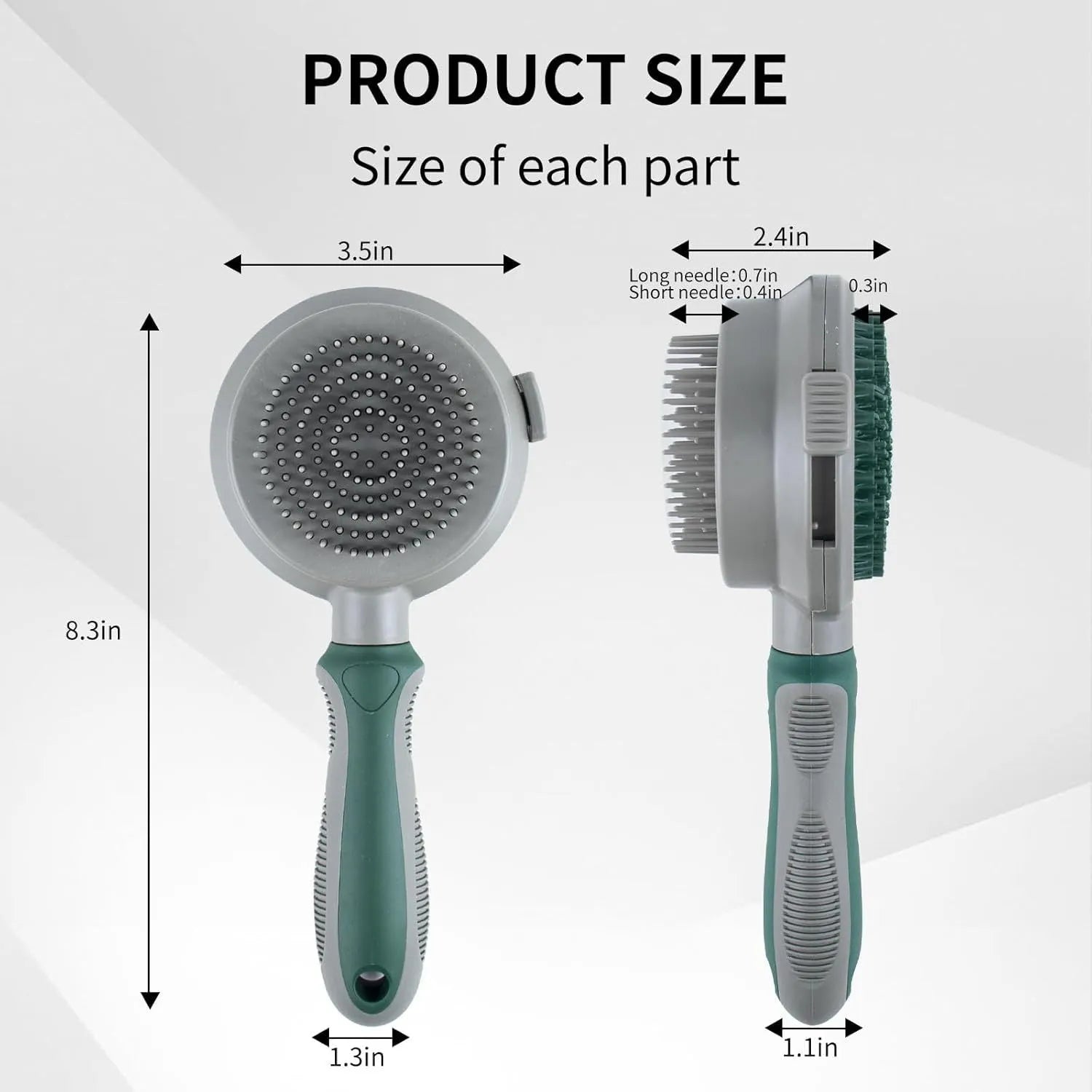Green and pink 2-in-1 silicone pet grooming brush showing slicker brush side and massage side