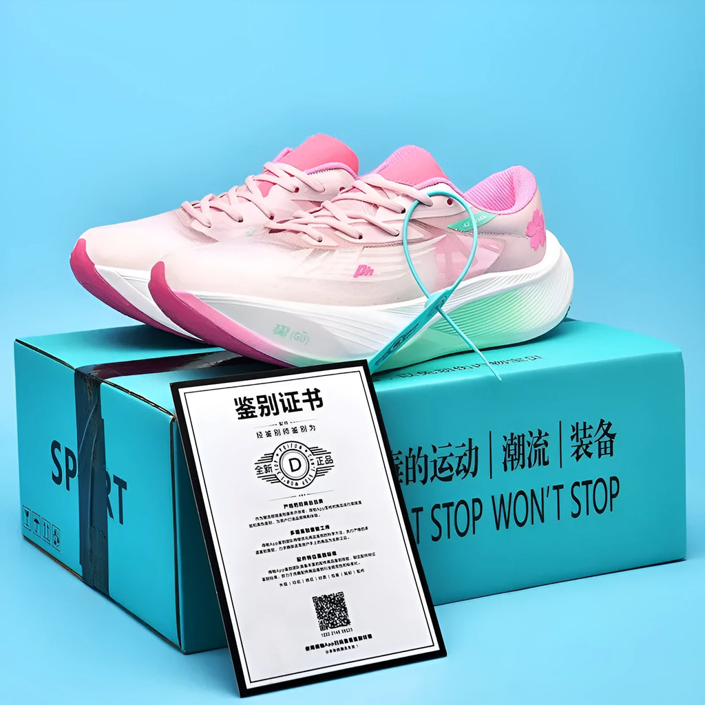 Low-top racing sneaker with carbon plate technology in Glacier colour, showing front lace-up design.