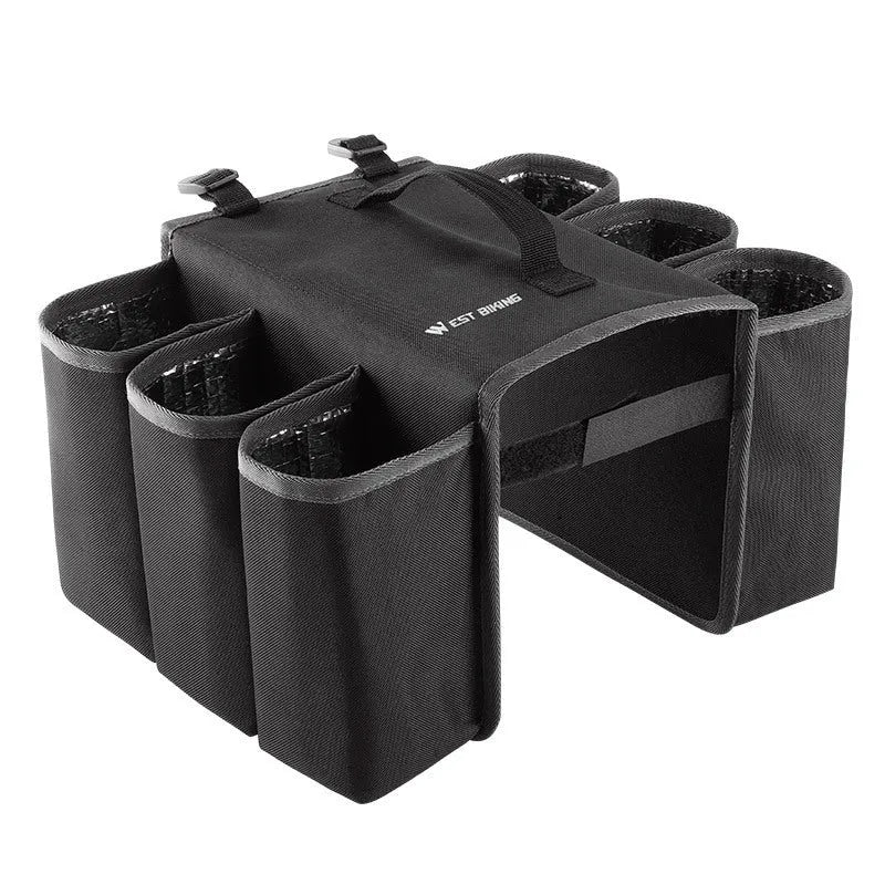 Black and blue orange double-sided bicycle drink bag with 2 litre capacity mounted on a bike frame
