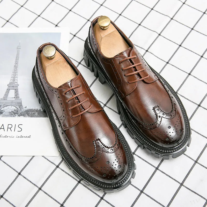 Men's black and brown brogue Oxford shoes with round toe and decorative detailing for business formal wear