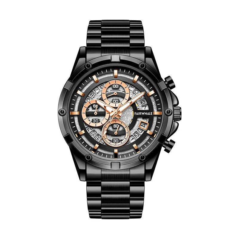 Men's casual waterproof watch with luminous dial and stainless steel strap in three colour variants.