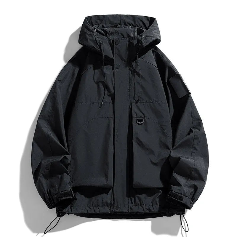 Men's black waterproof windproof hooded jacket showing long sleeves and regular length