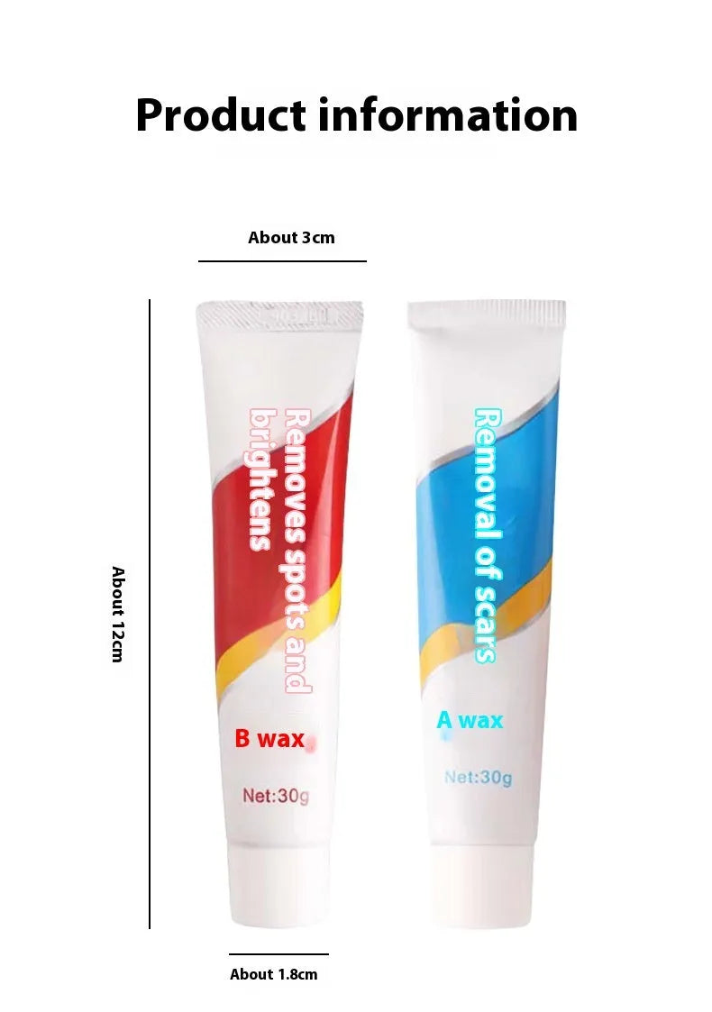 Car repair wax kit containing scratch removal A wax, brightening B wax, and frosted sponge applicator for automotive paint