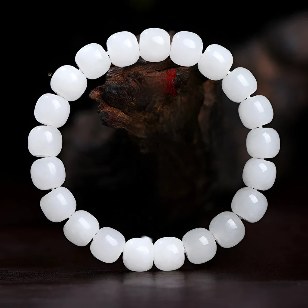 White Hetian jade barrel beads bracelet showing three size options for men and women