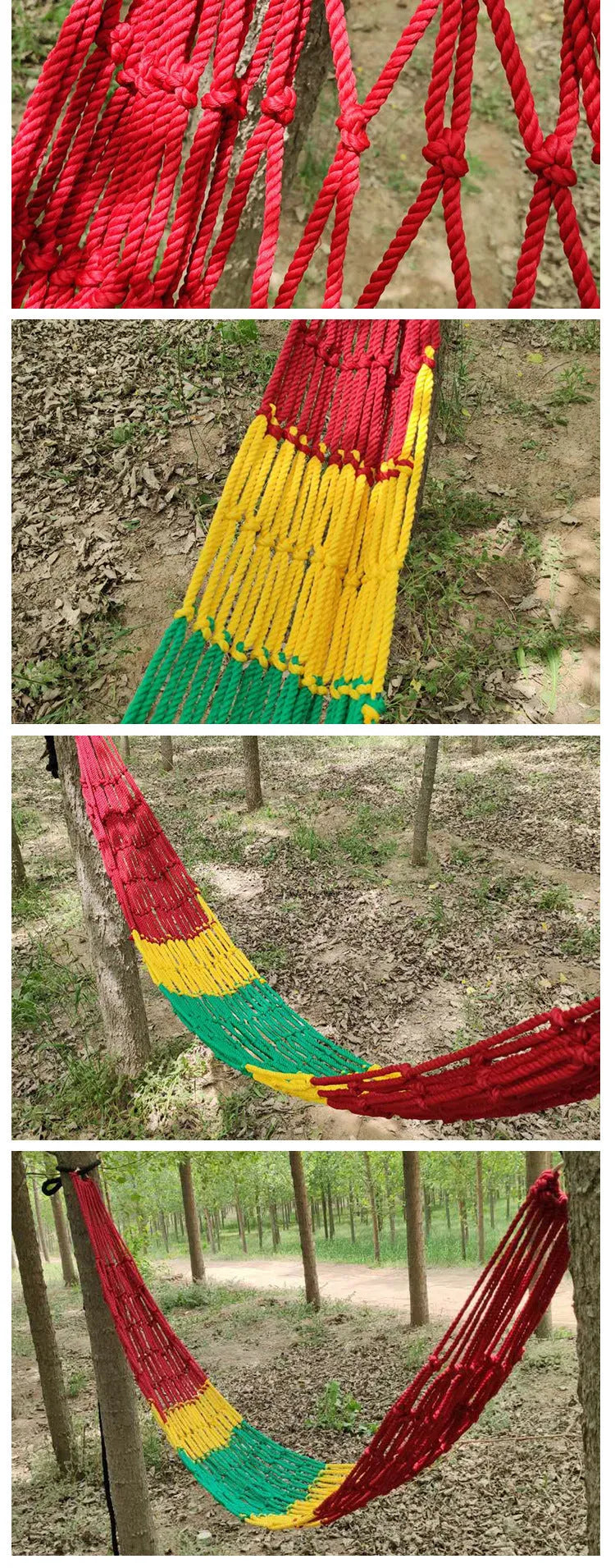 Nylon rope mesh hammock suspended between trees showing mesh pattern and included tying equipment