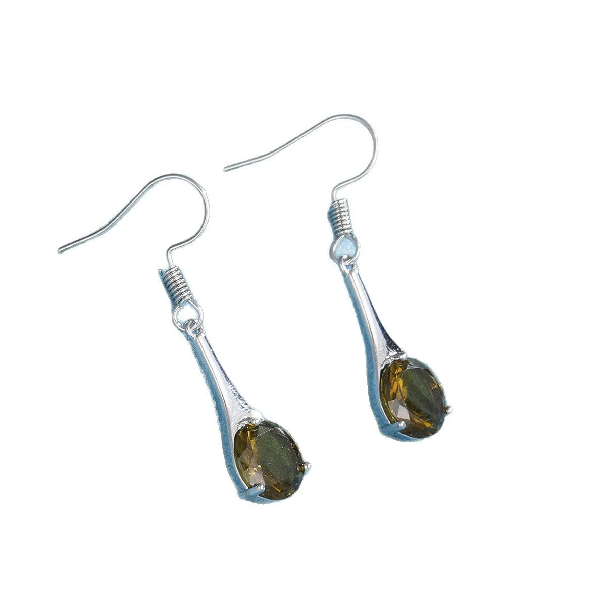 Olive green topaz colour water drop shaped earrings with retro minimalist design