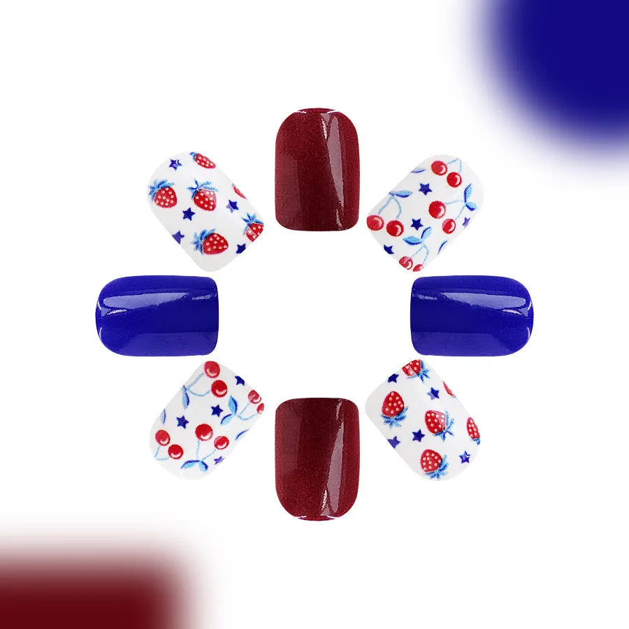 Short glossy red and blue strawberry cherry Independence Day nail stickers - 24 piece set with C409 pattern