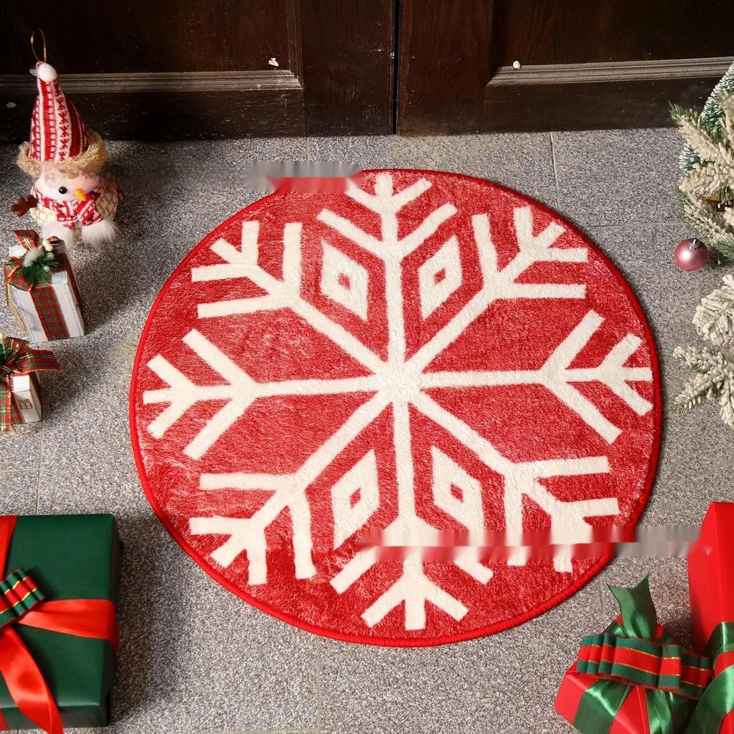 Christmas round pad polyester carpet on floor in 60cm or 80cm size, showing one of ten festive printed designs.