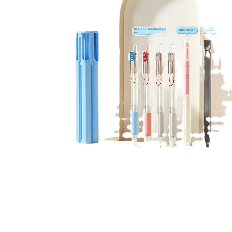 Plastic pencil case kit with pressing pen in pink, blue, or white, showing six-piece and sixteen-piece set options