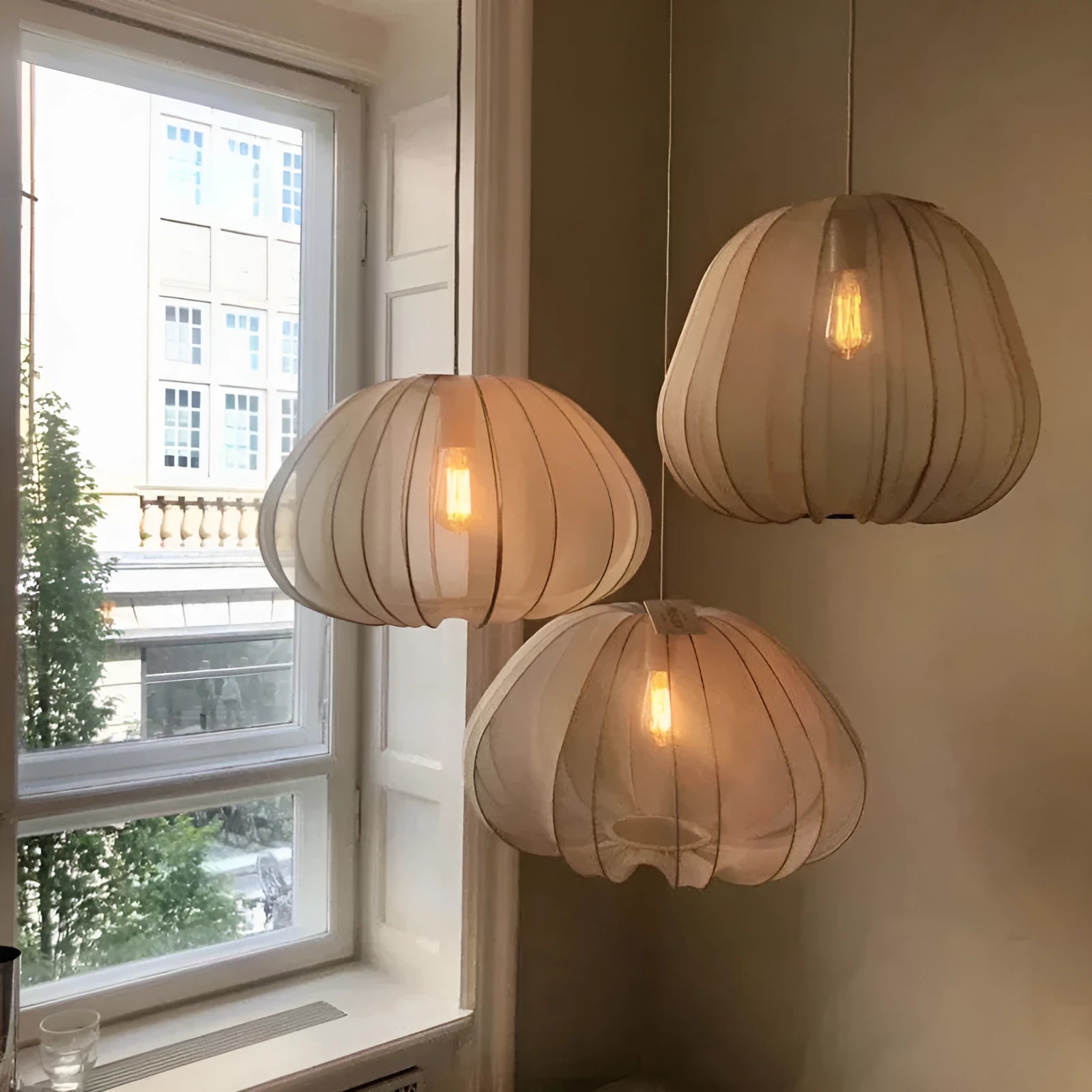 Japanese-style net pumpkin ceiling lamp with branch design in white or grey blue options