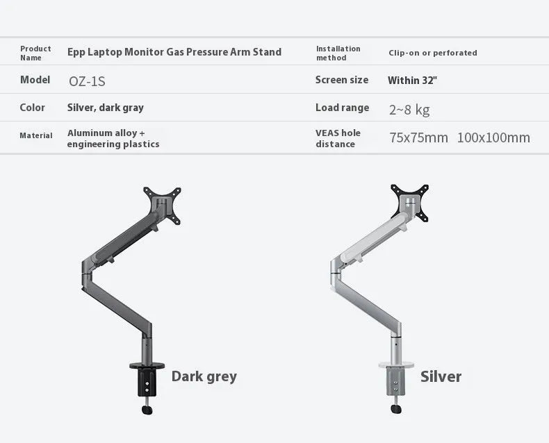 Aluminium computer stand with air pressure arm bracket in black or silver colour