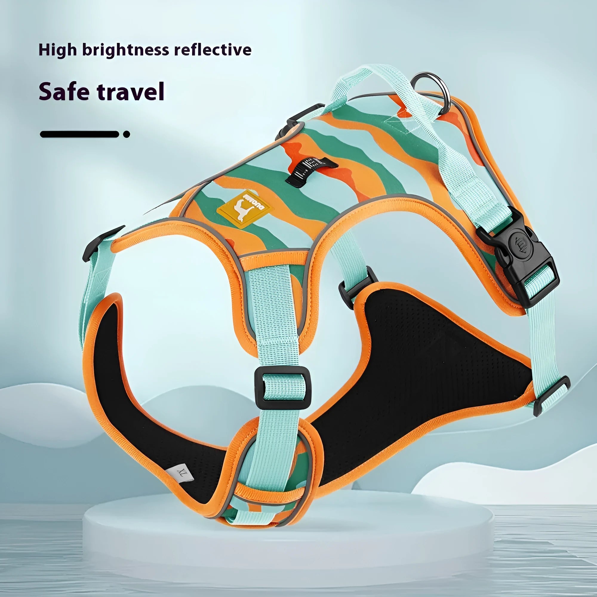 Orange reflective dog harness and leash combination for commuter safety, shown with size options.