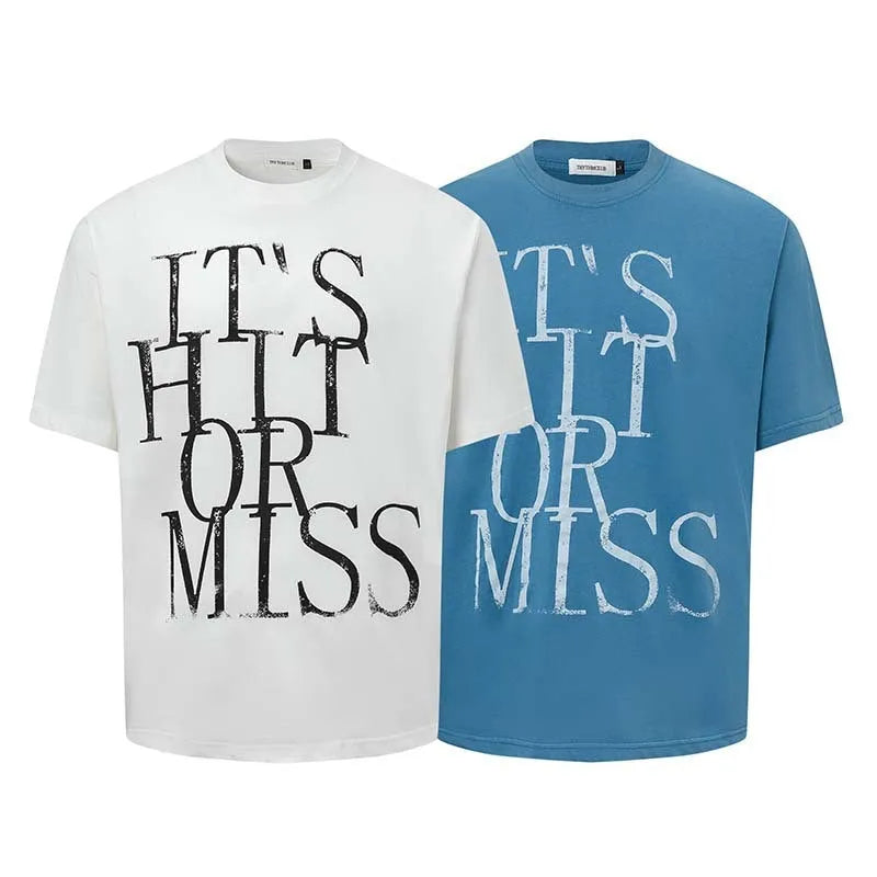 Men's white cotton blend t-shirt with black letter printing showing American retro style loose fit design