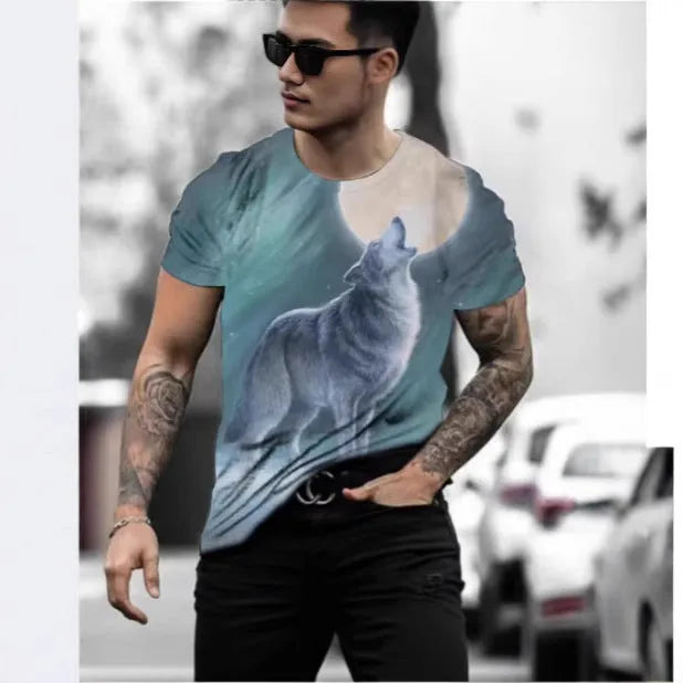 Men's retro 3D animal print short-sleeve t-shirt on a hanger, showing bird eye cloth fabric.