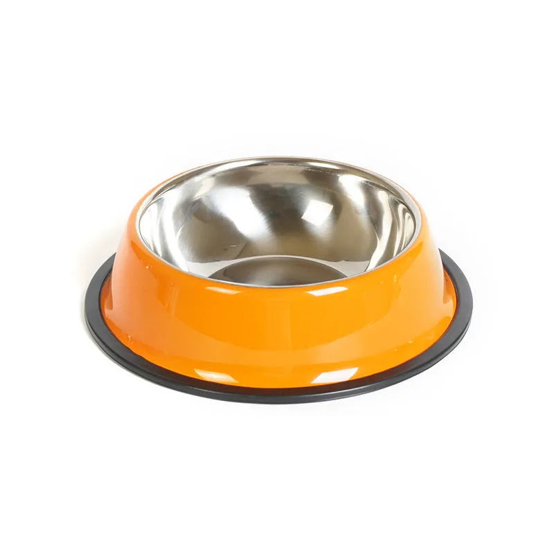 Stainless steel and colourful melamine pet bowl with a non-slip rubber base.