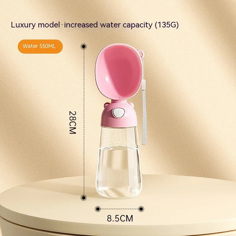 Portable dog water bottle and food container in yellow, pink, and brown colour options.