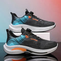 Men's white and blue mesh sneakers with a rotating buckle closure and rubber sole.