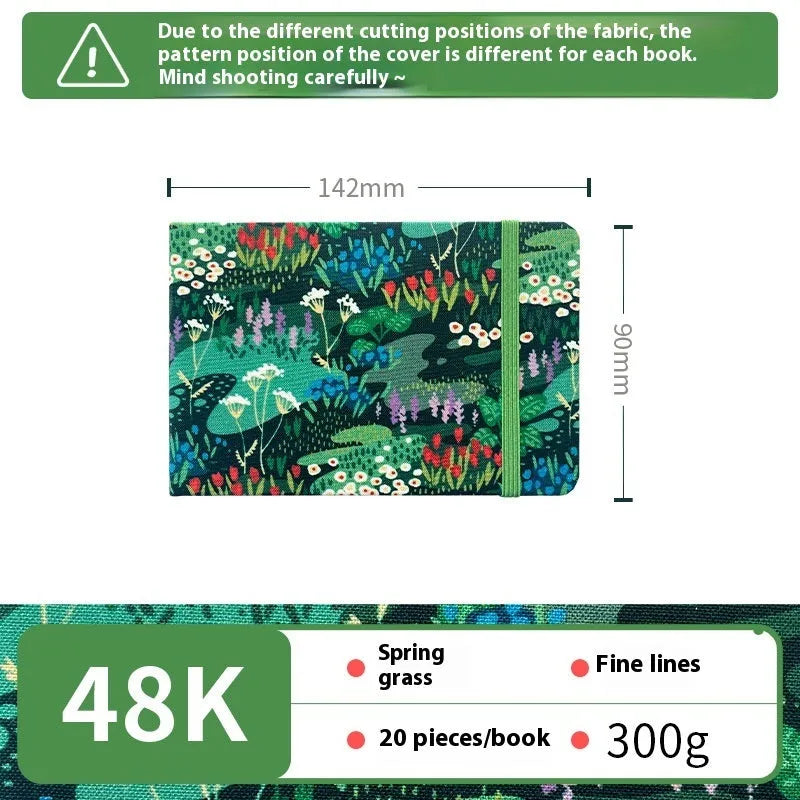 Feiluniao handmade fabric watercolour sketchbook with colourful themed cover, 185mm long.