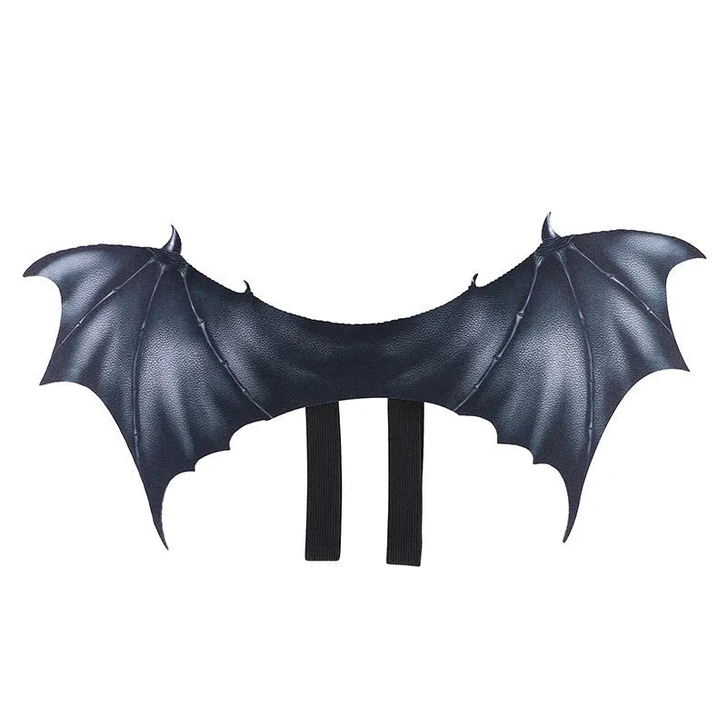 Black cloth bat wings Halloween costume accessory for pets in three sizes: 40cm, 55cm, and 64cm wing spans
